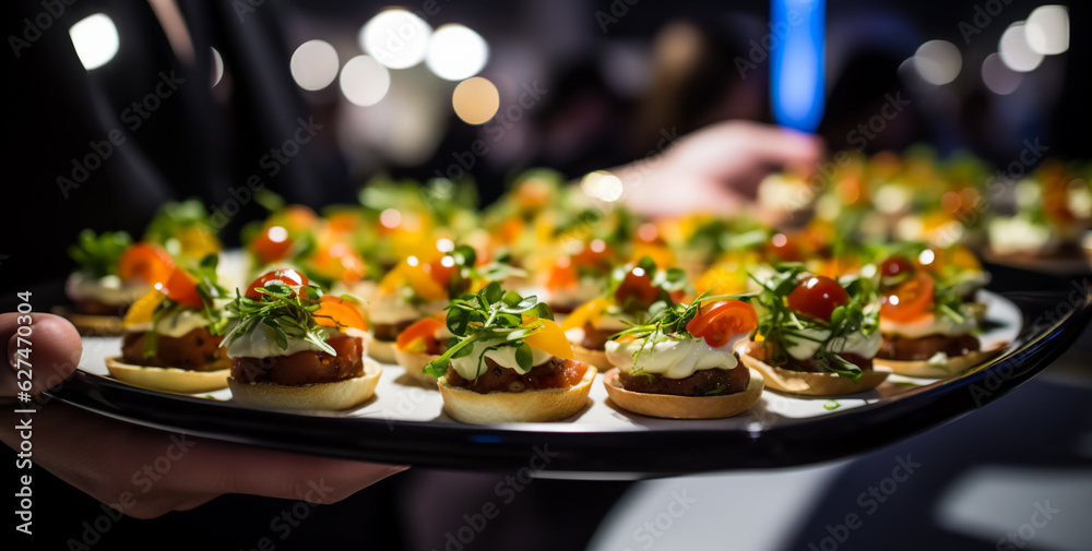 Waiter carrying appetizers on a plate on some festive event, party or wedding reception. catering service, digital ai Waiter carrying appetizers on a plate on some festive event, party or wedding reception. catering service, digital ai