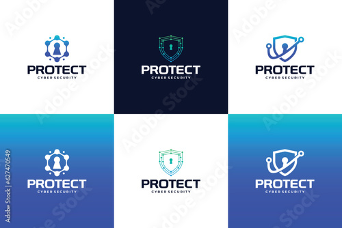 Digital shield logo design. Data and network protection. Collection internet safety logo.