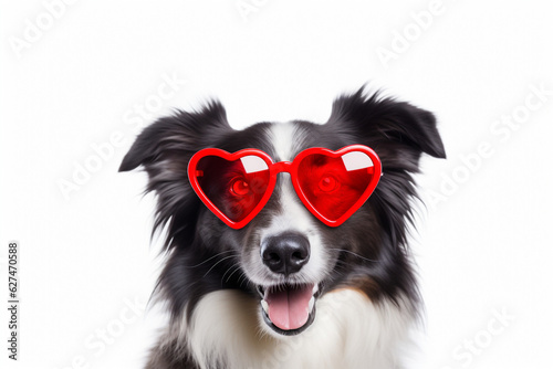 St. Valentine's Day concept. Funny portrait cute puppy dog border collie with a heart shaped sunglases. High quality photo © Starmarpro