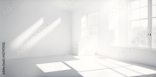 Abstract white studio background for product presentation. Empty room with shadows of window. Generative AI, Generative, AI