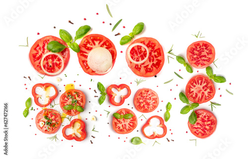 Fototapeta Naklejka Na Ścianę i Meble -  Sliced tomatoes and basil top view and flat lay