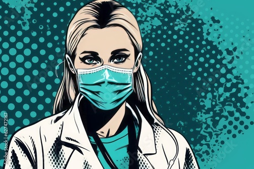 Pop Art Doctor, Medical Professional Wearing Surgical Mask in Comiccore Style with Blue Line and Dot Work photo