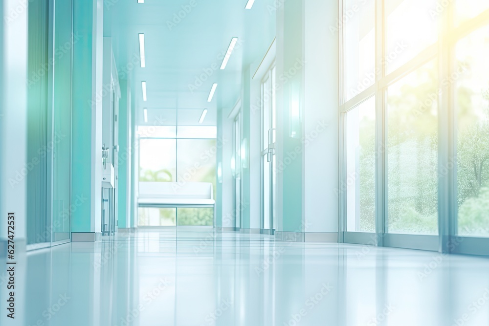 Fototapeta premium Abstract blur luxury hospital corridor. Blur clinic interior background with defocused effect.