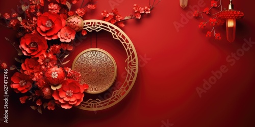 A red wall with a gold moon and red flowers. Elegant design for Chinese New Year greeting card. Copy space, place for text. © tilialucida