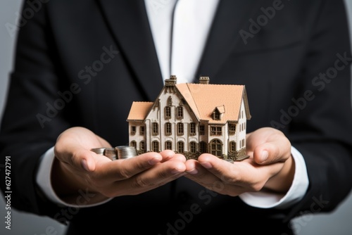 A man in a suit holding a model of a house. Digital image. Loan or morgage concept image. photo