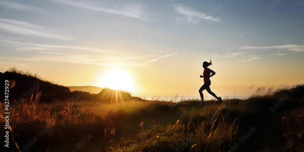 Energetic Silhouette of a Woman Running on Meadow Hill at Sunset, Enjoying the Coastal Beauty of Blue Sky, Ocean, and Shoreline in a Scenic Panoramic View, Embracing an Active and Healthy Lifestyle