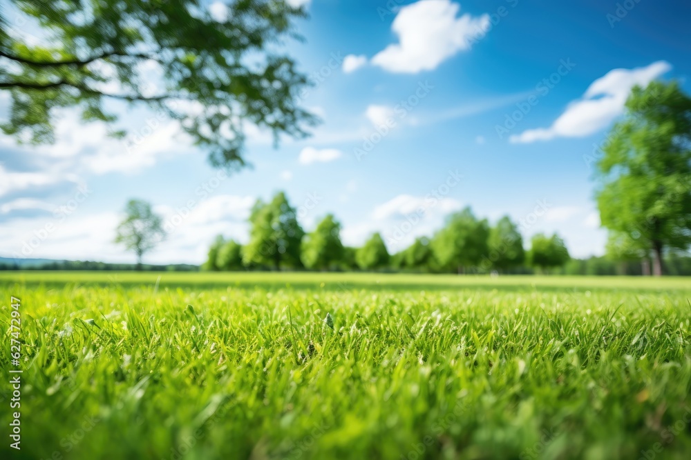 Beautiful blurred background image of spring nature with a neatly trimmed lawn surrounded by trees against a blue sky with clouds on a bright sunny day. Beautiful blurred background image of spring nature with a neatly trimmed lawn surrounded by trees against a blue sky with clouds on a bright sunny day.