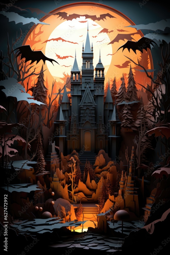 Naklejka premium A halloween scene with a castle and bats. Surreal Halloween background.