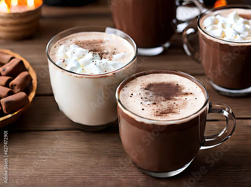 Realistic hot chocolate cozy restaurant warm lighting.