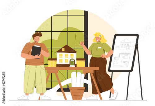 Architect works in workshop concept. Man and woman near house mockup and blueprint. Team of engineers design real estate, buildings, urban architecture. Cartoon flat vector illustration
