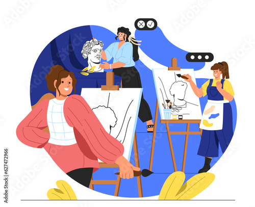 People in art class concept. Men and women with brushes and paints near canvases. Young boys and girls draw sketch. Studio and workshop for creativity. Cartoon flat vector illustration