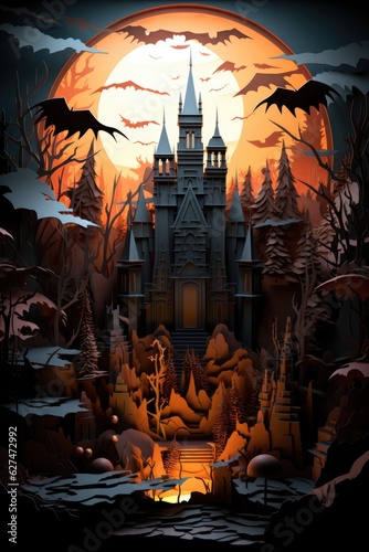 A halloween scene with a castle and bats. Surreal Halloween background.