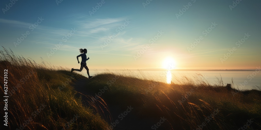 Fototapeta premium Energetic Silhouette of a Woman Running on Meadow Hill at Sunset, Enjoying the Coastal Beauty of Blue Sky, Ocean, and Shoreline in a Scenic Panoramic View, Embracing an Active and Healthy Lifestyle