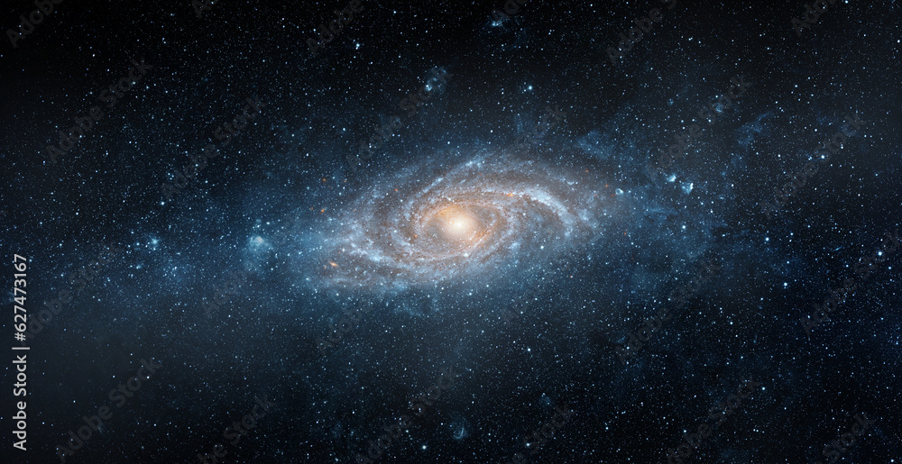 View from space to a spiral galaxy and stars. Universe filled with stars, nebula and galaxy. Elements of this image furnished by NASA.