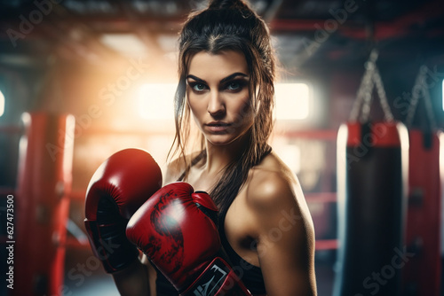 Portrait of a young woman with boxing gloves. Sporty fit femaly self care and defense training. High quality photo © Starmarpro