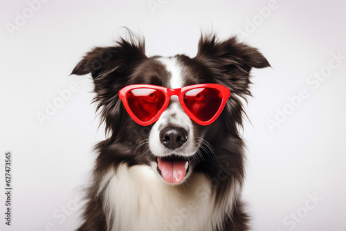 St. Valentine's Day concept. Funny portrait cute puppy dog border collie with a heart shaped sunglases. High quality photo © Starmarpro