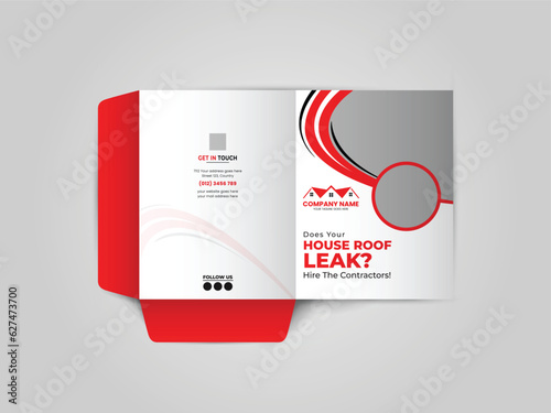 Roofing Service Presentation folder design for files, Roof repair, worker replacing gray tiles or shingles on house, Roofing - construction worker standing on a roof covering it with tiles.