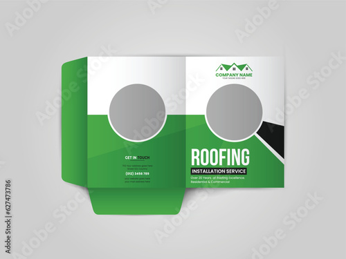 Roofing Service Presentation folder design for files, Roof repair, worker replacing gray tiles or shingles on house, Roofing - construction worker standing on a roof covering it with tiles.