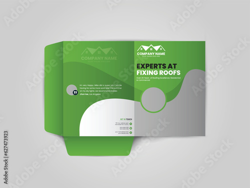 Roofing Service Presentation folder design for files, Roof repair, worker replacing gray tiles or shingles on house, Roofing - construction worker standing on a roof covering it with tiles.