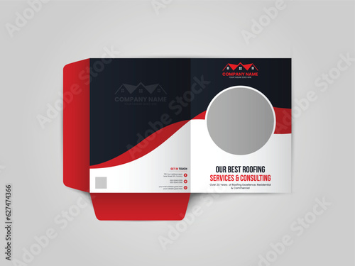 Roofing Service Presentation folder design for files, Roof repair, worker replacing gray tiles or shingles on house, Roofing - construction worker standing on a roof covering it with tiles.