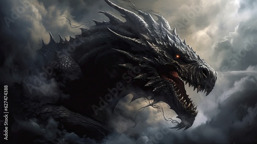 Portrait of black dragon in smoke and fire © neirfy