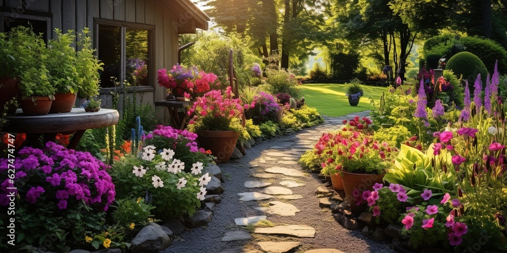 Obraz premium Generative AI, Beautiful summer private garden with many flowers and plants, nature landscape, english countryside cottage style.
