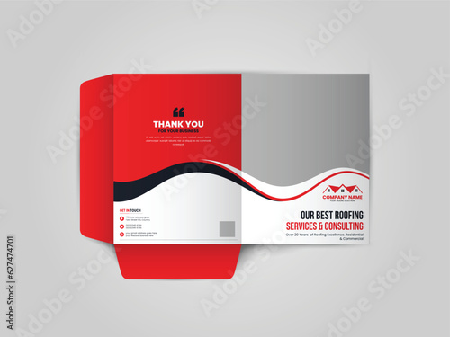 Roofing Service Presentation folder design for files, Roof repair, worker replacing gray tiles or shingles on house, Roofing - construction worker standing on a roof covering it with tiles.