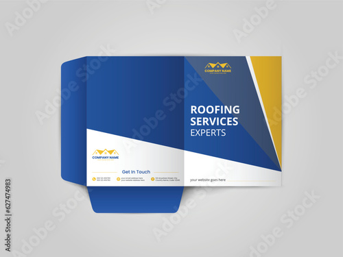 Roofing Service Presentation folder design for files, Roof repair, worker replacing gray tiles or shingles on house, Roofing - construction worker standing on a roof covering it with tiles.