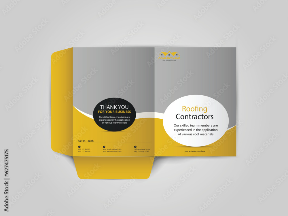 Obraz premium Roofing Service Presentation folder design for files, Roof repair, worker replacing gray tiles or shingles on house, Roofing - construction worker standing on a roof covering it with tiles.