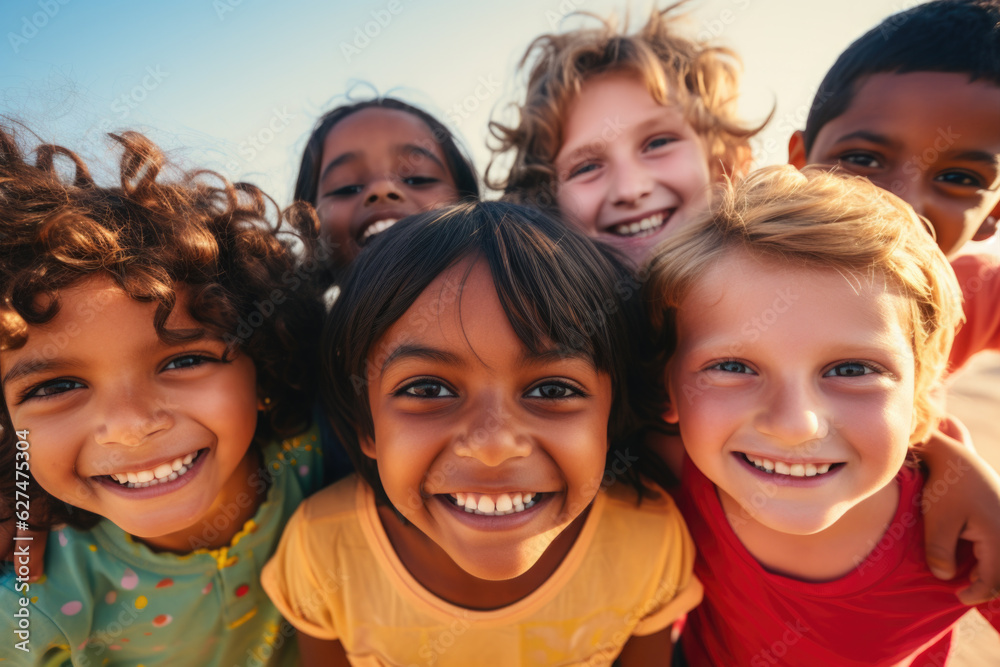 Group of cheerful happy multiethnic children outdoors