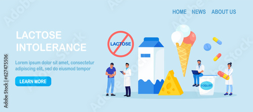 Lactose Intolerance. Dairy Products Intolerant. Doctor Give Pills to Patient for Treat Allergy on Milk Food. Sick Man Suffering with Stomach Ache, Diarrhea, Abdominal Pain, Bloating, Nausea