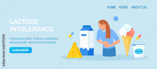 Lactose Intolerance. Young Sick Woman Suffering with Stomach Ache, Diarrhea, Abdominal Pain, Bloating, Nausea. Allergy on Dairy Food. Unwell Allergic Reaction with Milk Products, Cheese, Ice Cream