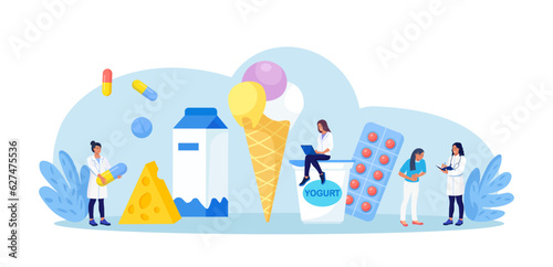 Lactose Intolerance. Dairy Products Intolerant. Doctor Give Pills to Patient for Treat Allergy on Milk Food. Sick Woman Suffering with Stomach Ache, Diarrhea, Abdominal Pain, Bloating, Nausea