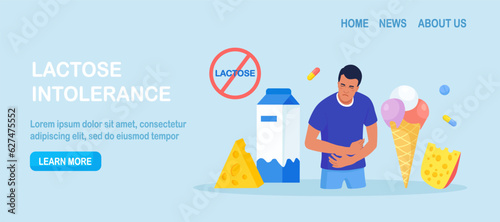 Lactose Intolerance. Young Sick Man Suffering with Stomach Ache, Diarrhea, Abdominal Pain, Bloating, Nausea. Allergy on Dairy Food. Unwell Allergic Reaction with Milk Products, Cheese, Ice Cream