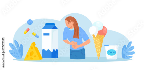 Lactose Intolerance. Young Sick Woman Suffering with Stomach Ache, Diarrhea, Abdominal Pain, Bloating, Nausea. Allergy on Dairy Food. Unwell Allergic Reaction with Milk Products, Cheese, Ice Cream