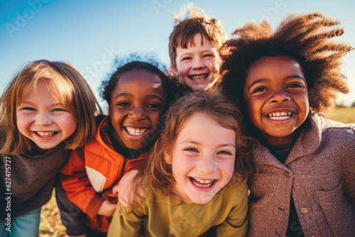 Portrait of a group of children going back to school . Child wearing a backpack ready for the first day of kindergarten