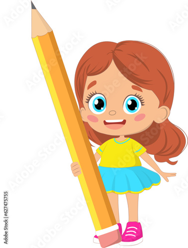 Young girl holding a big pencil. Vector illustration.
