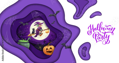 Fényképezés Halloween paper cut cartoon flying witch, magic potion pot and cobweb