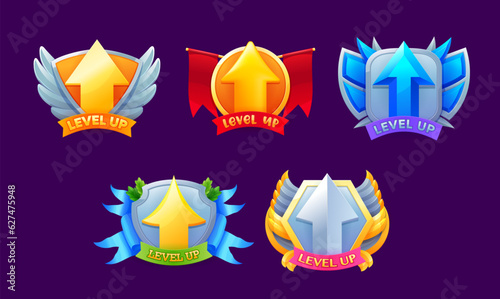 Game level up badges and win icons. Vector bonuses, rank reward emblems set with golden and silver raising arrows, wings and shield. Winner evaluation ui or gui app user interface, rating achievement