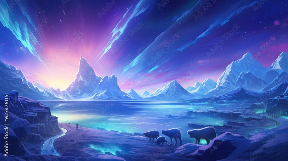 Frozen, snowy wasteland with ice formations, polar animals, and the aurora borealis in the sky game art Frozen, snowy wasteland with ice formations, polar animals, and the aurora borealis in the sky game art