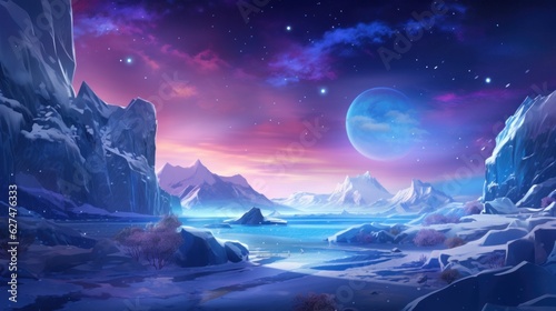 Frozen, snowy wasteland with ice formations, polar animals, and the aurora borealis in the sky game art © Damian Sobczyk