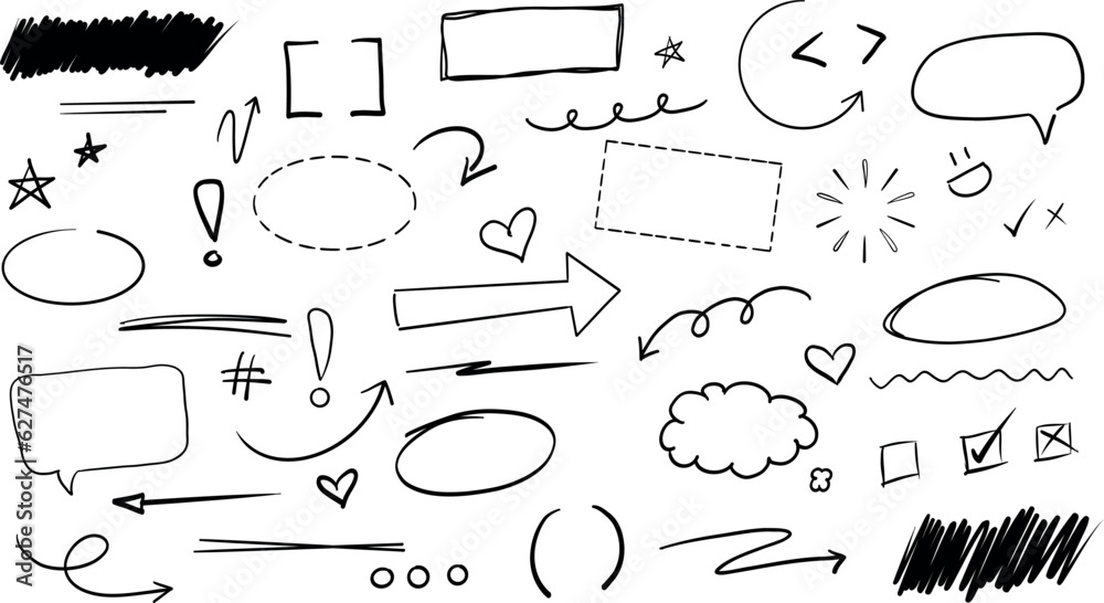 Set of 50 hand drawn accents. Arrows, circles, hearts, stars, brackets, underlines, squiggles and doodles to bring some fun to your artwork.