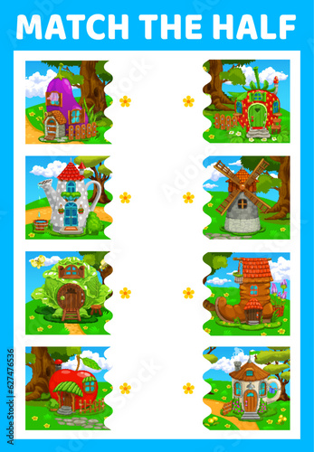 Match half of fairytale cartoon buildings. Vector preschool game worksheet with funny fantasy elf houses. Apple  strawberry  eggplant and watering can  cabbage  boot  windmill and cup on green lawn
