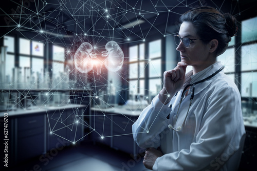 A woman scientist examines the kidneys in a network of connections.