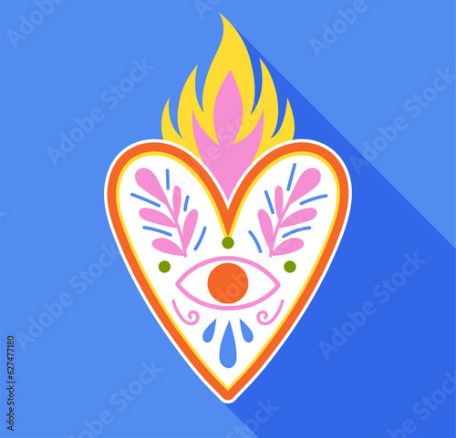 Dia de los muertos colorful heart concept. Traditional Mexican holiday. Sticker for social networks and messengers. Cartoon flat vector illustration isolated on blue background