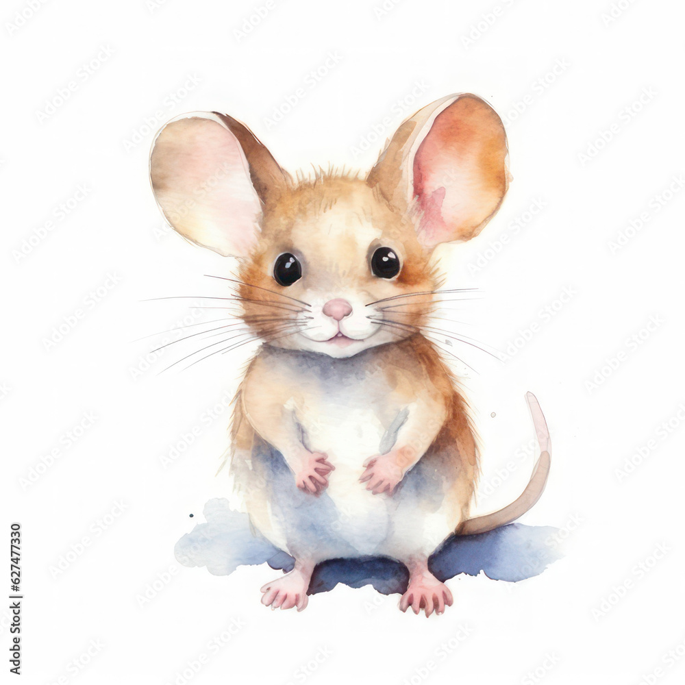 Watercolor cute mouse on a white background. AI generative.