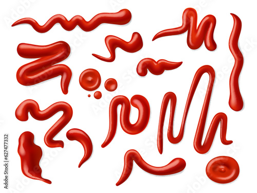 Ketchup sauce stains and splashes, vector 3d food spice and seasonings. Realistic red tomato ketchup or catsup drops, spice sauce splatters and swirls. Tomato drizzle, paste, dip or dressing