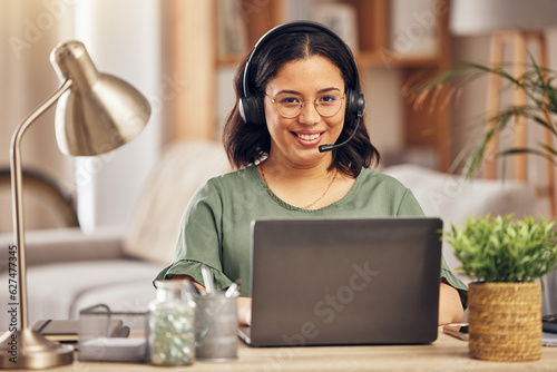 Woman, portrait and smile in home office for call center job, headphones and mic for crm communication with laptop. Customer service, tech support and pc for remote work, help desk and telemarketing