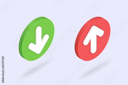 Isometric download and upload buttons set. 3d file loading icon presented at right angle. Up and down arrows as file uploading, data transfer symbol. Vector illustration isolated on white background