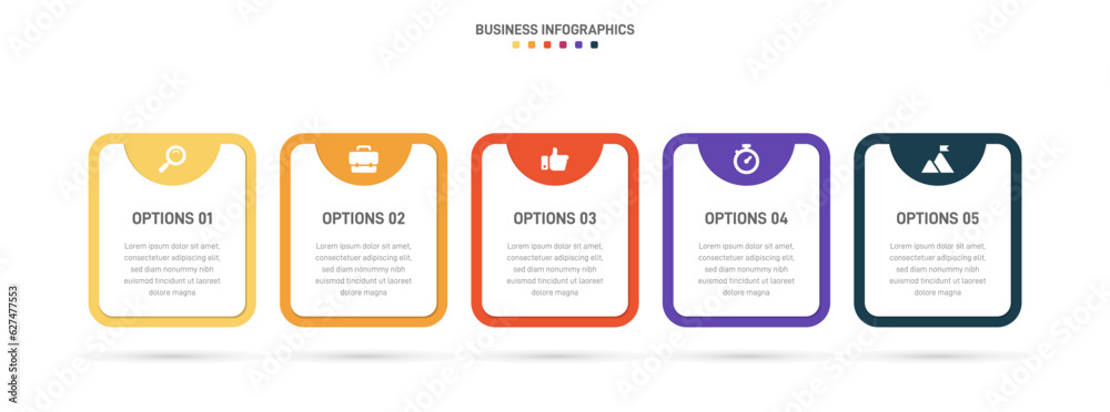Timeline infographic with infochart. Modern presentation template with 5 spets for business process. Website template on white background for concept modern design. Horizontal layout. Timeline infographic with infochart. Modern presentation template with 5 spets for business process. Website template on white background for concept modern design. Horizontal layout.